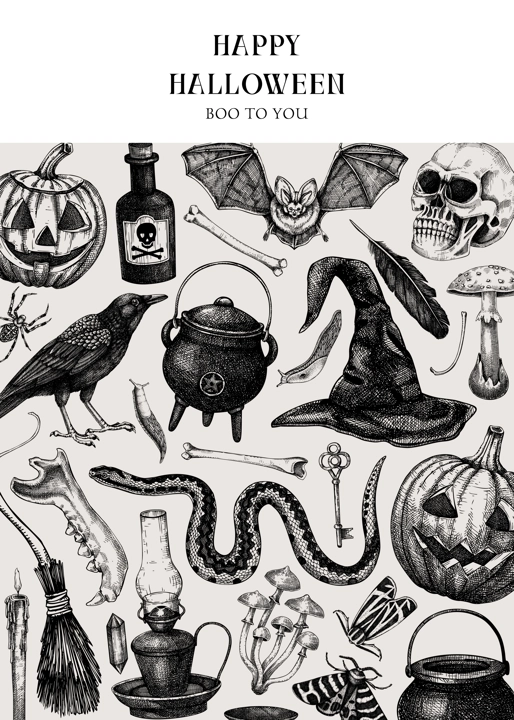 Vintage Halloween banner design. Hand drawn vector illustration. Skull, bones, pumpkin, poisonous mushrooms, snakes, raven sketch. Halloween party invitation, flyer, poster, book cover, card template